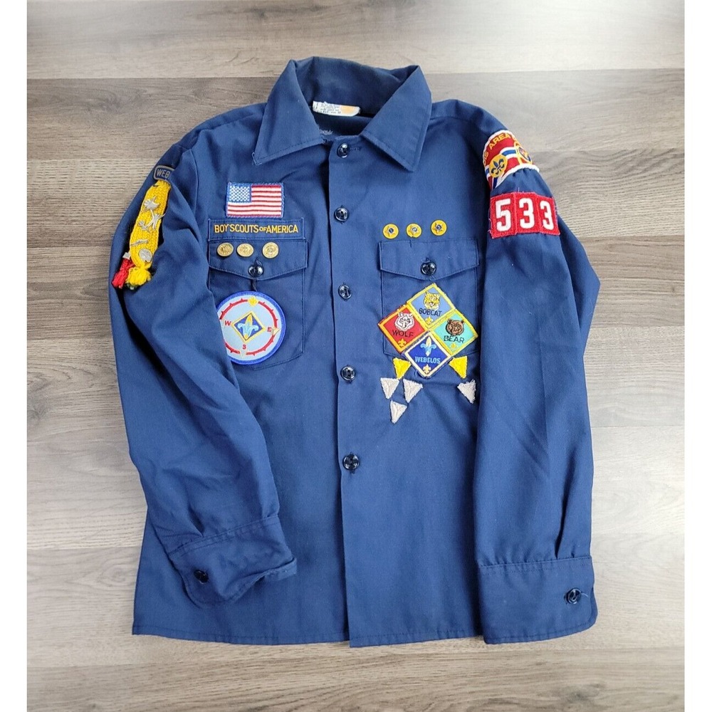 Vintage 80s BSA Boy Scouts Cub Scout Shirt Long Sleeve Blue Patches Size 12